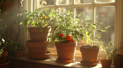 Bright and Warm Indoor Garden with Potted Tomato Plants and Herbs