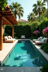Serene Backyard Oasis Featuring a Sparkling Pool and Luxurious Loungers Under a Wooden Pergola