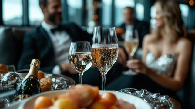 A stylish table setting displays elegant drinks and appetizers, capturing the essence of luxury, celebration, and social gatherings in a chic environment.