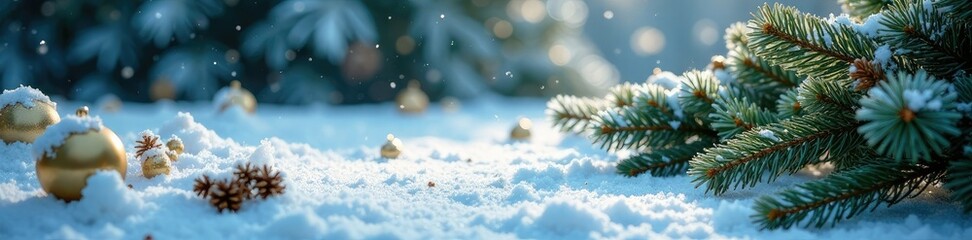 Snowy fir tree branches scattered on the ground, Christmas decorations, snowflakes, festive
