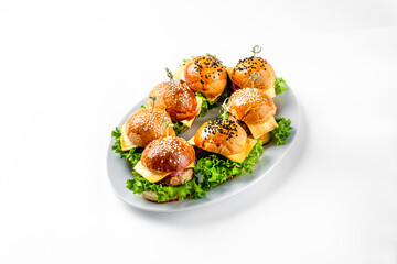group tasty burger isolated on white background. cooking a burger at home. junk fast food.