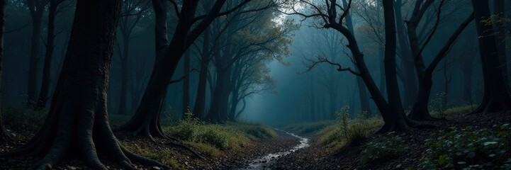 Obraz premium Dark forest with twisted tree trunks and bare branches, wilderness, black