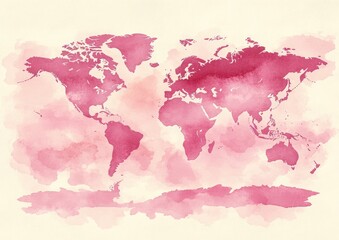 Obraz premium Pastel Pink Purple Watercolor World Map Illustration Soft Stains Texture