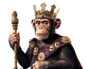monkey dressed as king, wearing crown and holding scepter, exudes regal presence. vibrant colors...