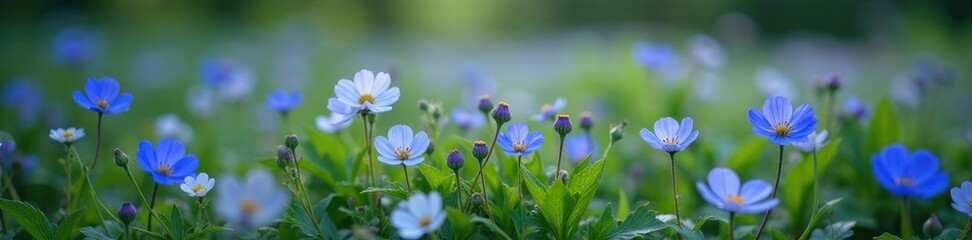 Obraz premium Dark blue forget me nots in a field of wildflowers, field, organic, foliage