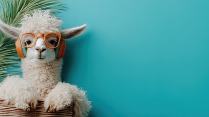 A quirky and whimsical image showcasing a cute llama wearing glasses and headphones, set against a bright turquoise background that adds a fun and funky vibe to the scene.