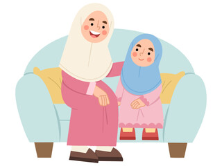 Illustration of mother and daughter on a couch