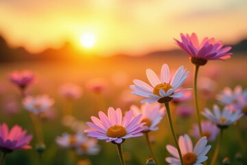 Fototapeta premium Pastel daisies against a warm sunset background, serene landscape, floral arrangement, golden hour