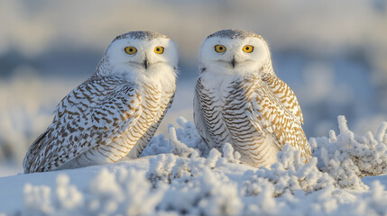 Fototapeta premium Beautiful white owls blending into the icy arctic surroundings