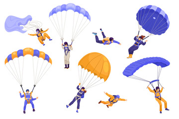 Group of skydivers enjoying freefall and parachuting, depicted in vibrant colors, on a white backdrop. Skydiving adventure concept. Vector illustration