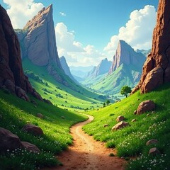 Naklejka premium A winding path leads to a glowing green valley amidst towering rock formations, earthy tones,