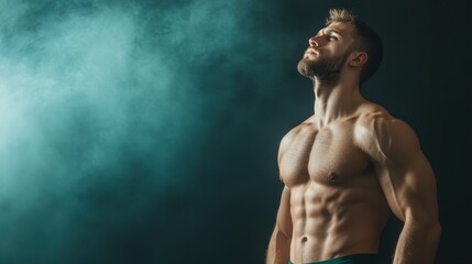 Fototapeta premium A contemplative image of a muscular man looking upward, surrounded by soft ambient light, portraying introspection and inner strength amidst a smoky backdrop.