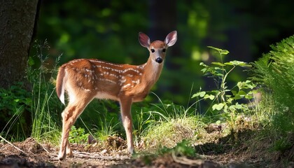 Fototapeta premium Stunning Whitetailed Fawn amidst Lush Forest Greenery, Dawns Early Light Cascading through Tree Tops, Capturing a Moment of Tranquil Serenity in the Wilderness.