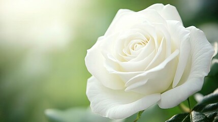 A close-up of a white rose flower in a garden setting, with a softly blurred green background.