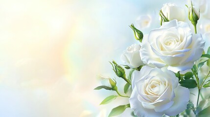 A close-up of a white rose in full bloom with a gradient light background, leaving room for text in the foreground.