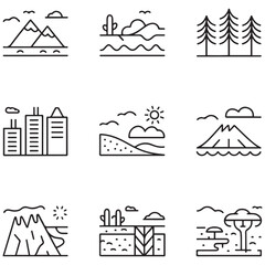 Set of outline icons related to landscape. Linear icon collection. Editable stroke. Vector illustration