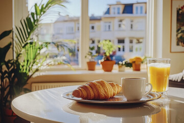 Cozy breakfast setting with croissant, coffee, and orange juice by sunny window in urban apartment