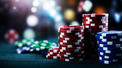 Stacks of colorful casino chips on green felt table, creating vibrant gaming atmosphere. blurred background adds sense of excitement and anticipation