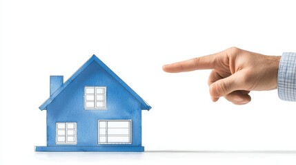 Hand pointing at house, exploring real estate options, property search, and homeownership