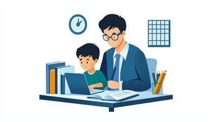 Man and child learning together,  heartwarming image of intergenerational knowledge sharing through technology.