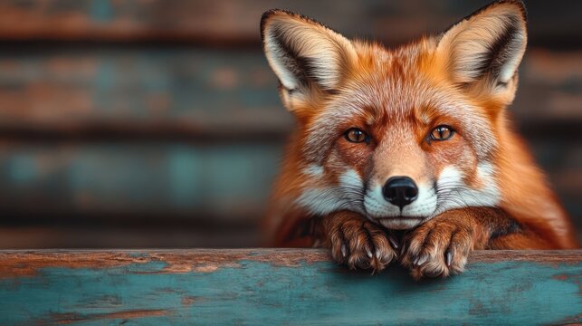 A stunning red fox resting its head on a log, showcasing its vibrant fur and captivating gaze, surrounded by an artistic blurred background to emphasize its beauty.