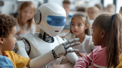 A humanoid AI robot interacting with a group of children in a modern classroom, teaching them STEM concepts with holographic visuals