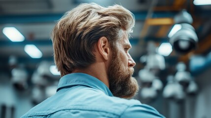 A profile view of a bearded man with stylish hair in a workshop, reflecting labor and creativity, and the modern aesthetic of craftsmanship and industriousness.