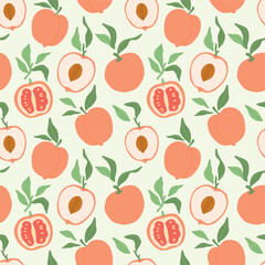 Vector tasty peaches and oranges, leaves and slices illustration seamless pattern. Modern hand drawn orange fruits clip art wallpaper for books, stationery, banners and social media