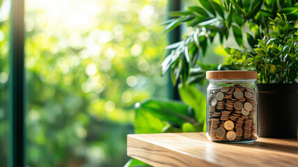 glass jar filled with coins sits on wooden table, surrounded by lush green plants, creating serene and inviting atmosphere. sunlight filters through, enhancing peaceful setting