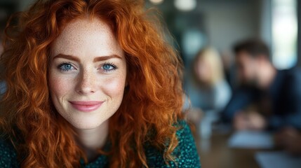 A radiant young woman with freckles smiles brightly, capturing the essence of engagement and interaction in a dynamic classroom filled with eager learners.