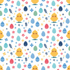 Cute Easter kawaii seamless pattern with little yellow chick