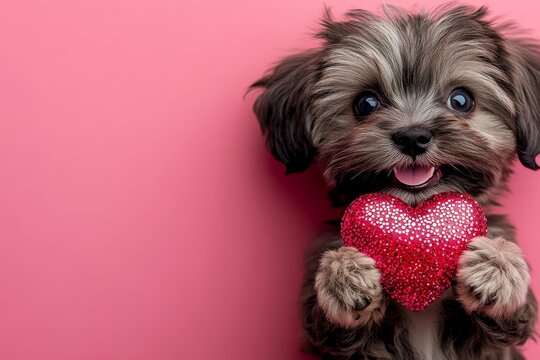 Cute havanese pup with sparkling rhinestones red heart - sign of love, funny greeting card. Havanese - my cherished dog. Promotion creative. Pet love ideas. Valentine's pet themes. Puppy love.