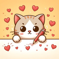 A cute cartoon cat drawing hearts with a red pencil on a white surface. Romantic, Valentine's day concept