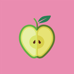 Flat green apple icon with leaf on pink background. Food illustration