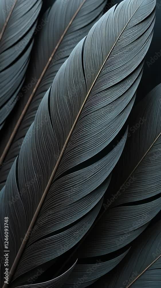 Poster a close up of a feather with a black color. the feather is long and thin