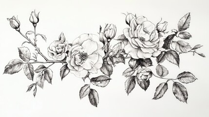 Fototapeta premium A detailed pen-and-ink drawing of a rose bush, showing multiple flowers and leaves with fine cross-hatching.