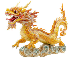 vibrant dragon sculpture with intricate details, showcasing playful leap over stylized clouds,...