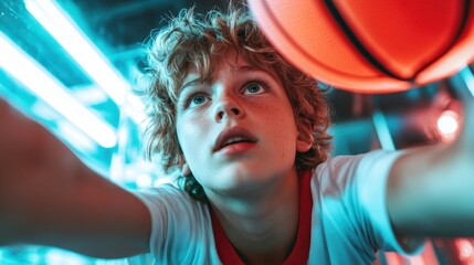 An action-packed shot of a young athlete reaching for a basketball, depicting enthusiasm and determination in a vibrant urban setting.