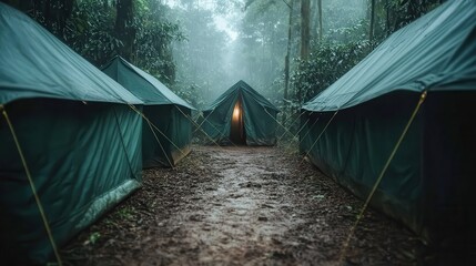A haunting view of a campsite in a fog-covered forest, showcasing tents that beckon exploration and the allure of the unknown in nature's embrace.