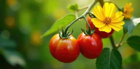 Tomatoes on the vine with large yellow flowers, petals, summer