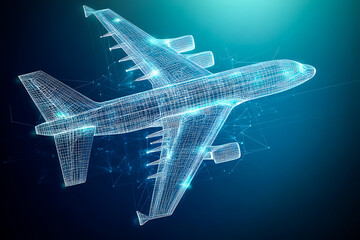 Futuristic Digital Wireframe Airplane Concept on Blue Background