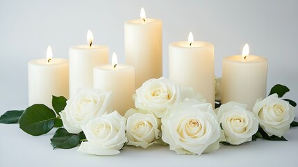 A dreamy arrangement of white roses in a bouquet surrounded by candles on a white background.