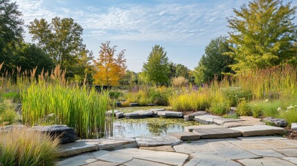Serene Autumnal Garden Pond Landscape Design