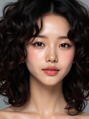 mesmerizing model with deep black wavy curls, in a close-up fashion portrait, with radiant skin and a bold red lip, posing seductively
