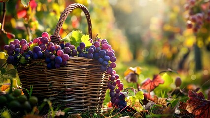 Basket with grape harvest in the vineyard. Selective focus. Nature.