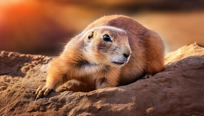 Naklejka premium Striking Portrait of a Whitetailed Prairie Dog Amidst a Sea of Golden Prairie Grasses, Capturing the Essence of the American Plains at Dusk.