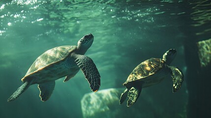 Two sea turtles swimming gracefully in the clear ocean waters serene underwater scene