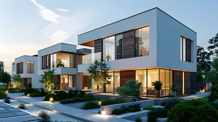 Modern modular private townhouses. Residential architecture exterior. Created with
