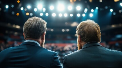 A captivating view from behind two speakers at a conference, illuminated by bright lights, emphasizing the excitement and anticipation of sharing knowledge with an audience.
