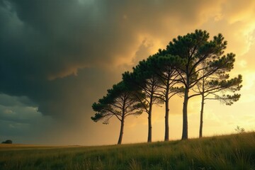 Obraz premium Tall trees swaying in the wind under a dark brown stormy sky with beige clouds, wind, weather, stormy sky